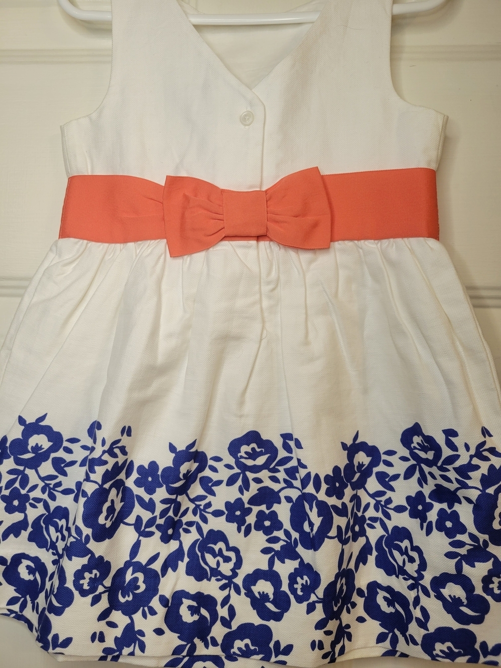 Janie and Jack White Dress with Blue Floral Border and Coral Waistband - Picture 5 of 7